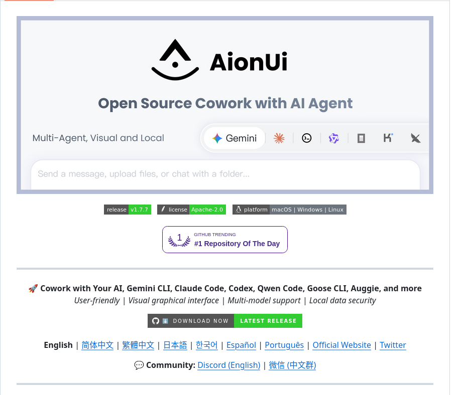 Screenshot 2026-01-26 at 20-44-15 GitHub - iOfficeAI_AionUi Free local open-source Cowork for Gemini CLI Claude Code Codex Opencode Qwen Code Goose Cli Auggie and more 🌟 Star if you like it!.png